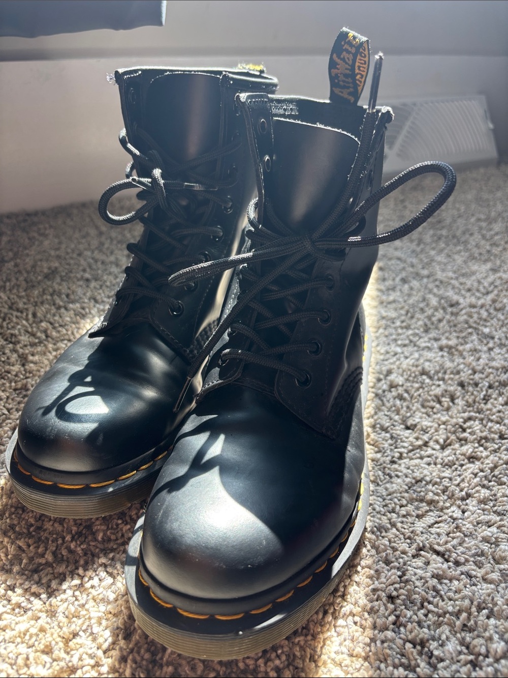 Dr. Martens Black Leather Lace-Up Combat Boots with Yellow Welt